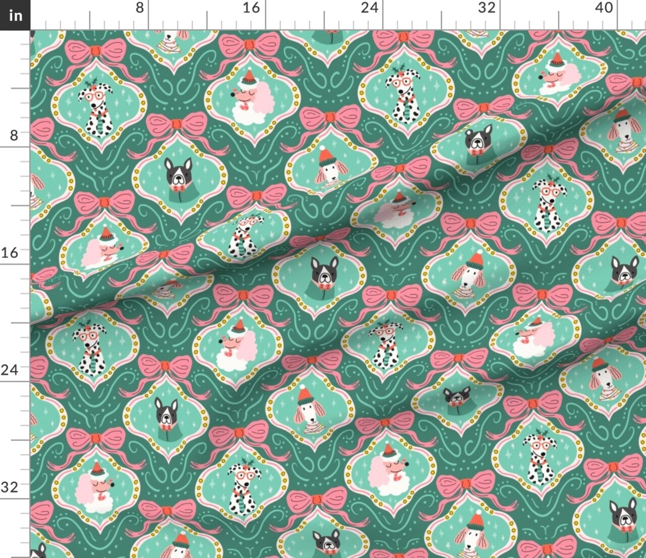 Christmas Damask Furry Friends Pets Dogs Christmas Ornaments Festive Dalmatian Poodle Terrier Cute Christmas Baubles Festive Pets Green Pink Custom Printed Fabric by Spoonflower Various Fabrics by the Yard or Fat Quarter
